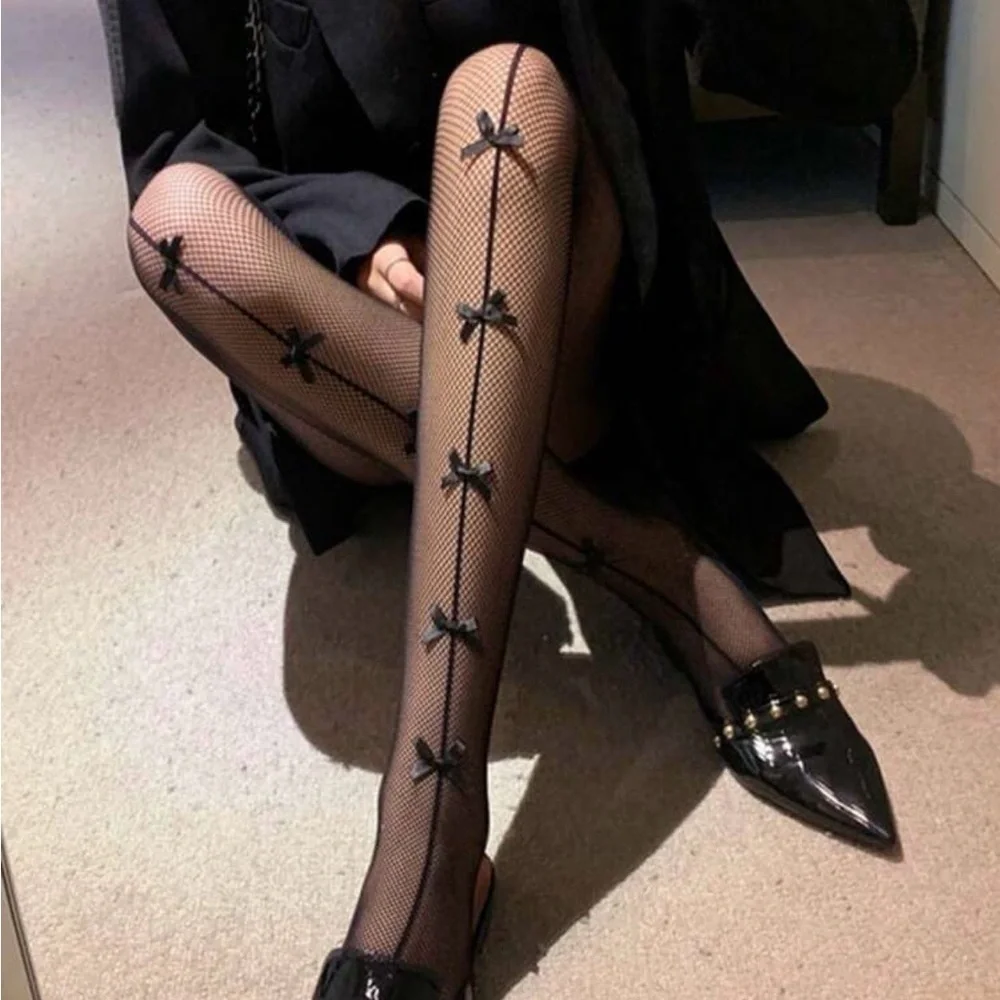 Elegant Black Fishnet Tights with Bows